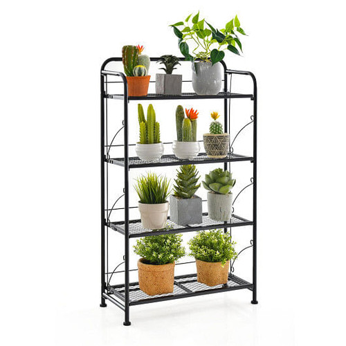 4-Tier Folding Plant Stand with Adjustable Shelf and Feet-Black