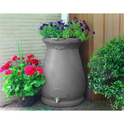 Grey Granite 65 Gallon Plastic Urn Rain Barrel with Planter Top