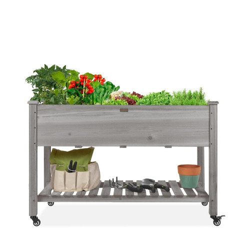 Outdoor Grey Wood Raised Garden Bed Planter Box with Shelf and Locking Wheels