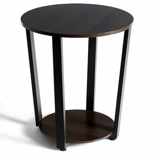 2-tier Round End Table with Storage Shelf and Metal Frame-Brown