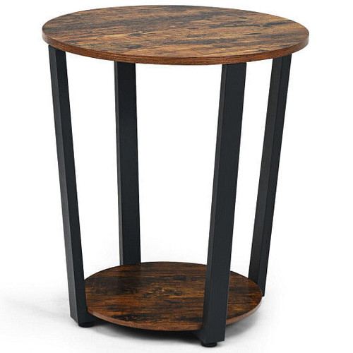 2-tier Round End Table with Storage Shelf & Metal Frame-Walnut