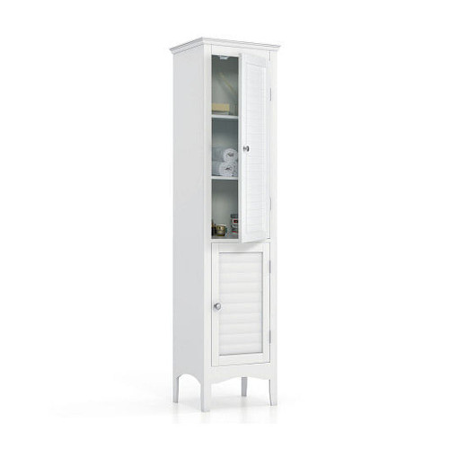 Tall Bathroom Floor Cabinet with Shutter Doors and Adjustable Shelf-White