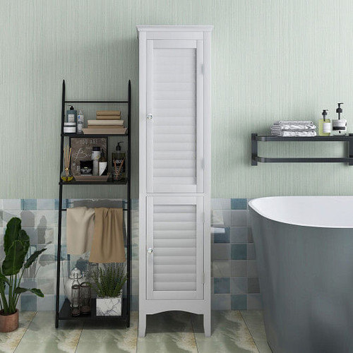 Tall Bathroom Floor Cabinet with Shutter Doors and Adjustable Shelf-Black