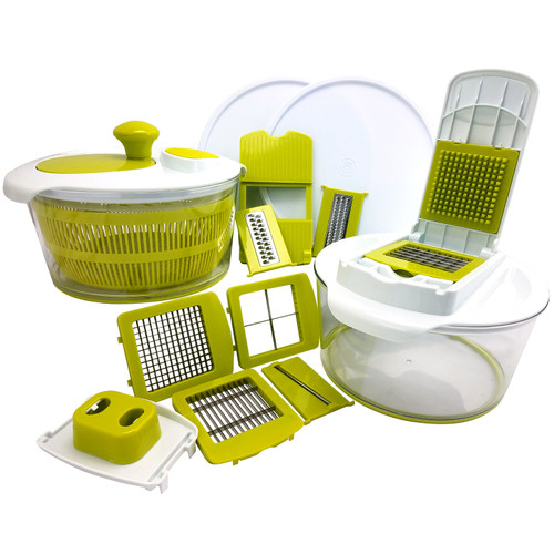 MegaChef 10-in-1 Multi-Use Salad Spinning Slicer, Dicer and Chopper with Interchangeable Blades and