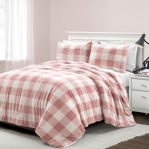 Twin Size Plaid Soft Faux Fur Comforter Set in Pink Blush
