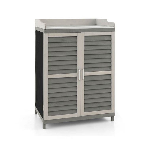 Grey Solid Wood Patio Storage Cabinet Garden Potting Bench Table with Metal Top