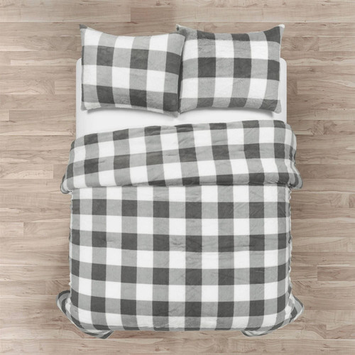 Twin Size Plaid Soft Faux Fur Comforter Set in Black White Grey
