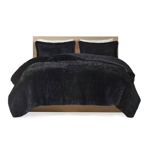 Twin/Twin XL Black Soft Sherpa Faux Fur 2-Piece Comforter Set with Shams