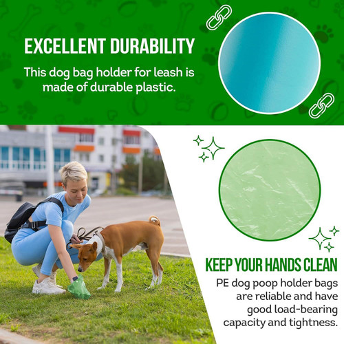 Dog Poop Bag Dispenser with 4 Rolls of 15 Bags in Each. Green Dog Poop Bag Holder with Flashlight f