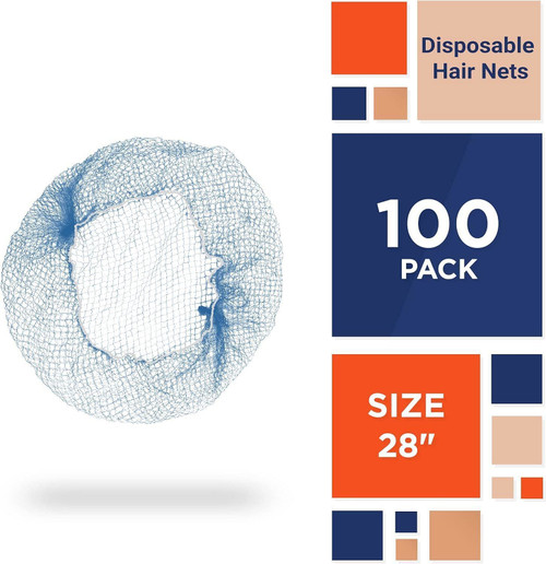 Blue Nylon Hair Nets 28". Pack of 100 Disposable Hairnets Caps with Elastic Edge Mesh. Stretchable 