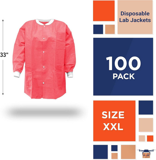 Disposable Lab Jackets, 33". Pack of 100 Coral Pink Hip-Length Work Gowns XX-Large. SMS 50 gsm Shir