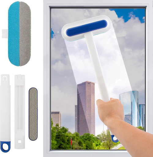 2 in 1 Window Screen Cleaner Brush with Handle and Built-in Brush, Blue-White Reusable Window Scree