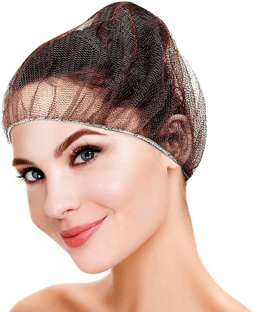 Disposable Nylon Hair Caps 24". Pack of 100 Brown Bouffant Hairnets with Elastic Headband; Unisex H