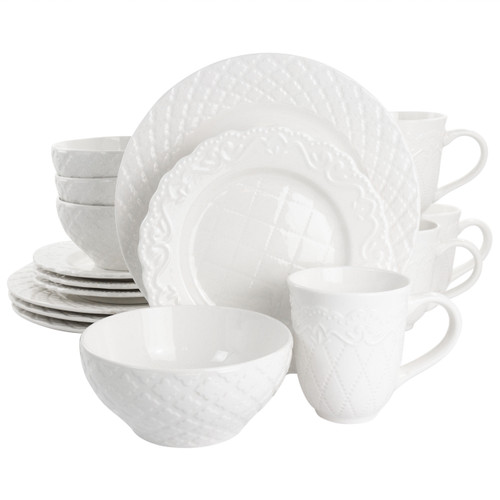 Gibson Home Quilted Eyelet 16 Piece Round Fine Ceramic Dinnerware Set in White