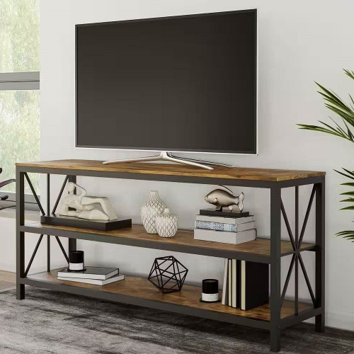 Modern Black Metal TV Stand with Barn Wood Finish Shelves - TV's up to 70-inch