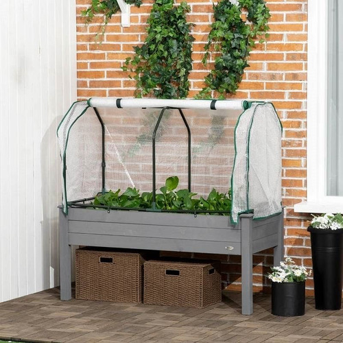 Grey Wood Elevated Raised Garden Bed Planter with Greenhouse Cover