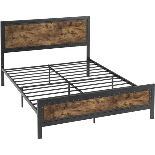 Queen Industrial Rivet Platform Bed Frame with Headboard in Rustic Wood Finish Queen Industrial Rivet Platform Bed Frame with Headboard in Rustic Wood Finish