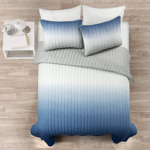 King size Blue Grey Lightweight Crinkle Fabric 3 Piece Quilt Set