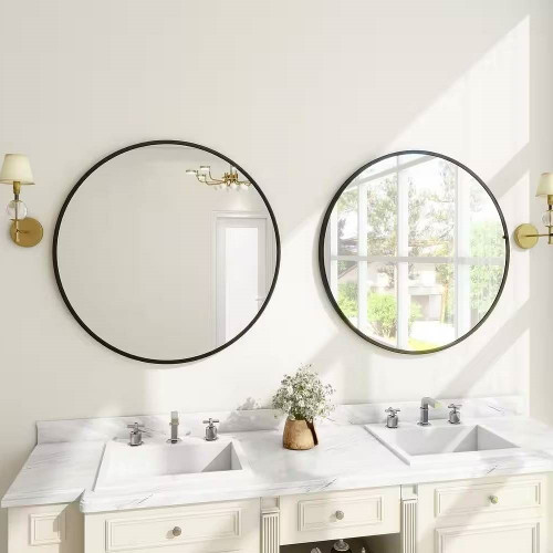 Round 24-inch Circular Bathroom Wall Mirror with Black Frame