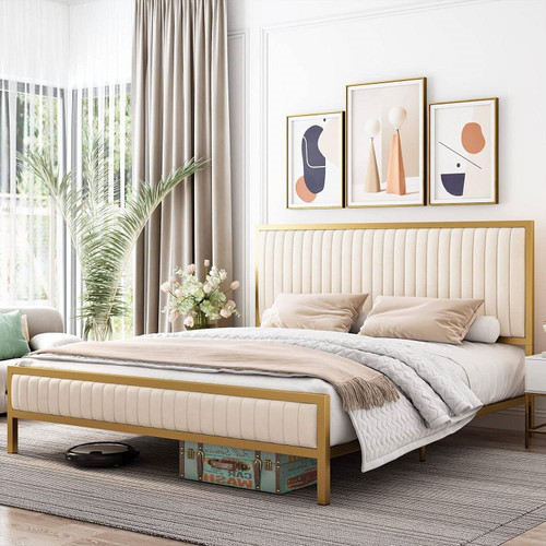 Full size Gold Metal Platform Bed Frame with Beige White Upholstered Headboard