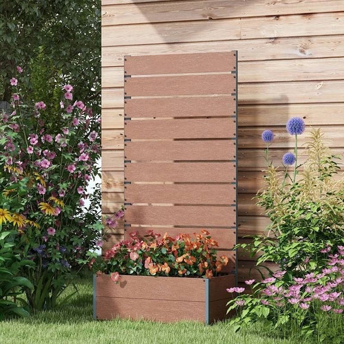 Raised Garden Bed Planter with Slatted Fence Trellis in Brown Wood Finish