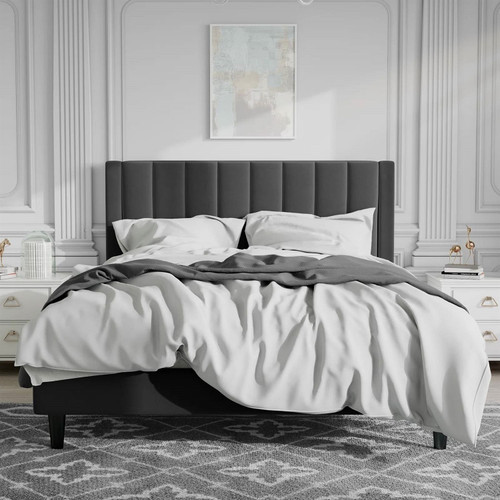 Full size Modern Black Velvet Upholstered Platform Bed with Headboard