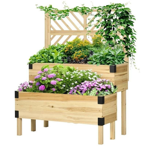 2 Tier Self Draining Natural Wood Raised Garden Bed Planter Box with Trellis