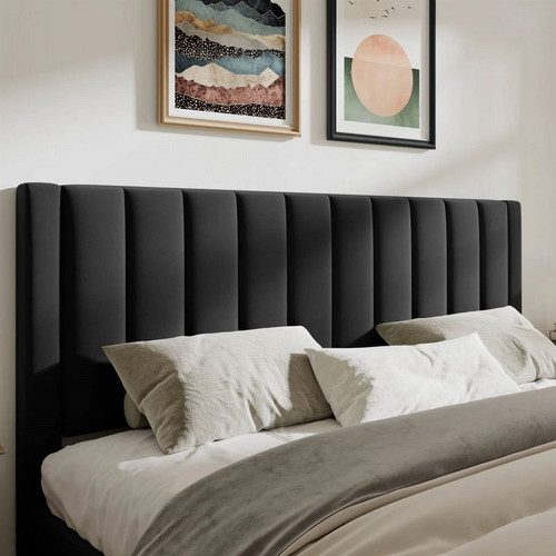 King size Modern Black Velvet Upholstered Platform Bed with Headboard