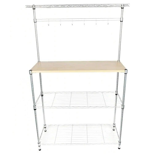 Carbon Steel Kitchen Bakers Rack with MDF Wood Shelf and Hanging Bar with Hooks