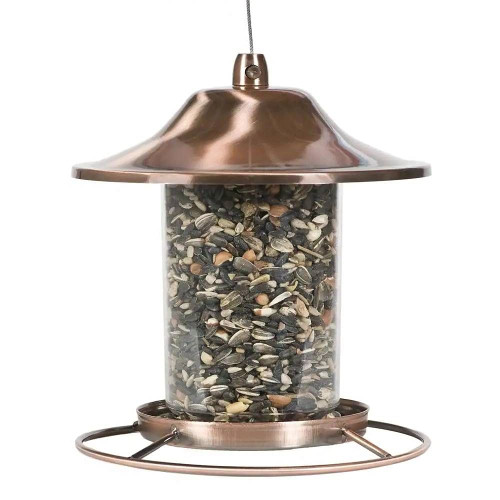 Copper Bird Feeder with Plastic Seed Reservoir Tube and Circular Perch