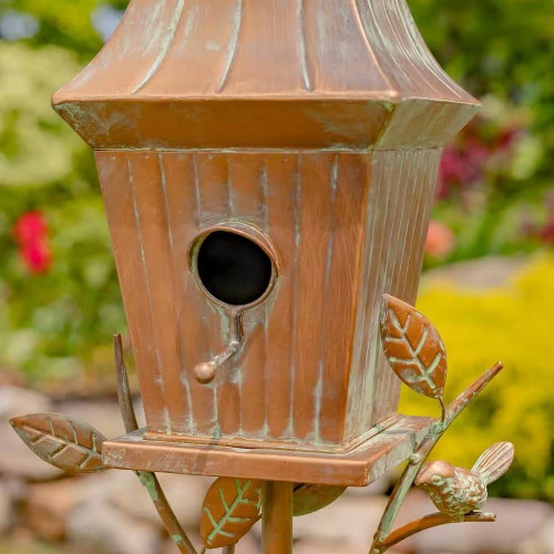 Copper Finish Metal Garden Birdhouse with Stake and Pole