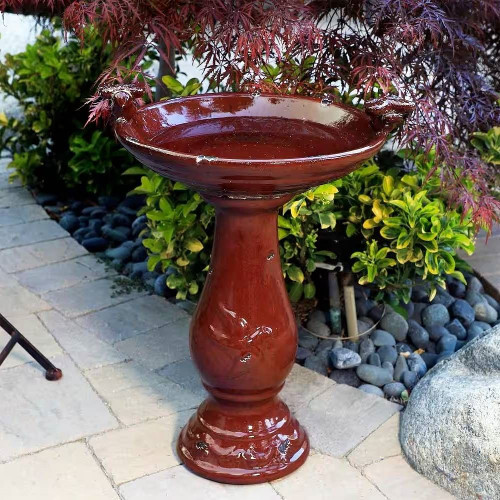 Outdoor Dark Red Ceramic Birdbath in Antique Finish