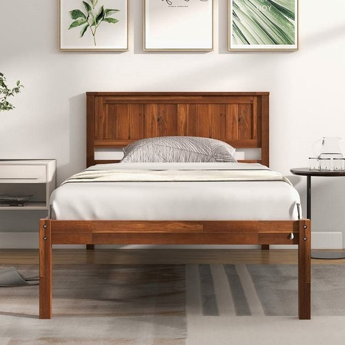 Twin Size Retro Wood Platform Bed Frame with Headboard in Walnut