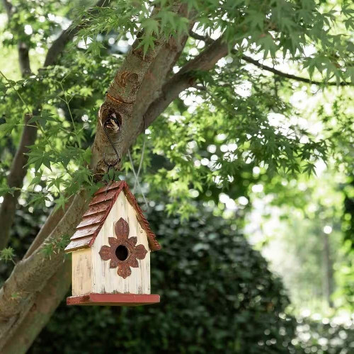 Outdoor A-Frame Solid Wood Bird House with Terracotta Color Slatted Roof