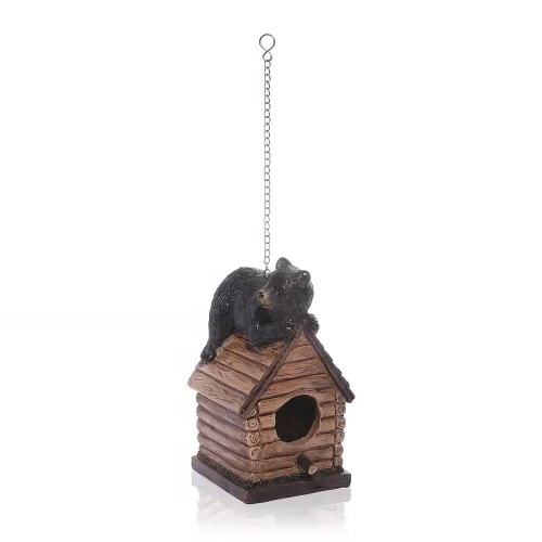 Outdoor Polyresin A-Frame Birdhouse in Brown Wood Finish Bear Figurine