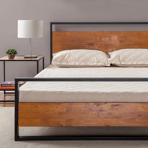 Queen size Modern Metal Wood Platform Bed Frame with Headboard and Footboard