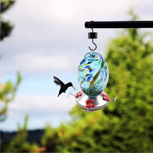 Blue Blown Glass Hummingbird Feeder with Perch and 4 Feeding Ports