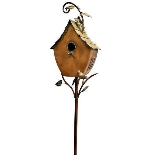 Outdoor Powder Coated Iron Birdhouse with 3-Prong Garden Stake in Copper Finish