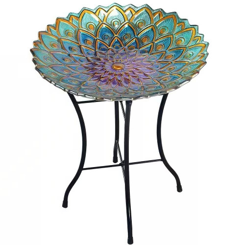 Round 18-inch Peacock Style Glass Mosaic Flower Birdbath with Metal Stand