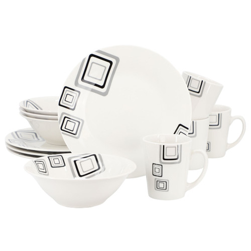 Gibson Home Black Squares 12 Piece Round Fine Ceramic Dinnerware Set in White