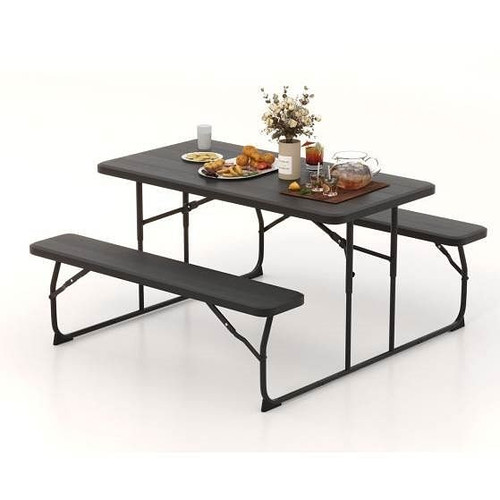 Folding Picnic Table with 2 Benches Outdoor Patio Dining Set in Black