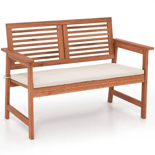 Solid Wood Outdoor Patio Garden Bench w/ Slatted Back Armrests and Seat Cushion