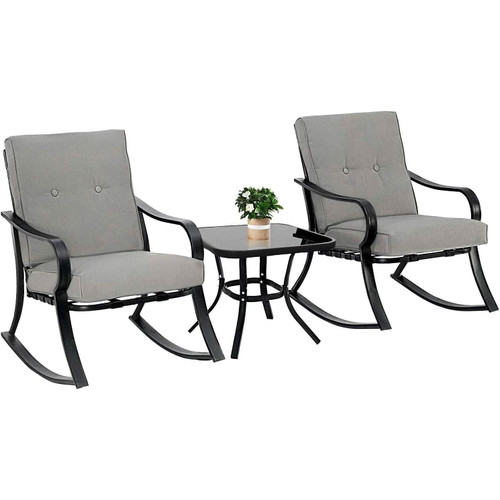 Outdoor 3-Piece Patio Furniture Table Rocking Chairs Set with Grey Cushions