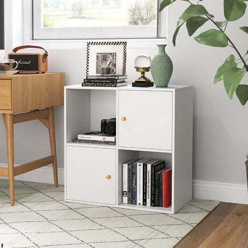 4-Cube Bookcase 3-Tier Bookshelf with Dual Anti-Tipping Kits and 2 Cabinets-White 4-Cube Bookcase 3-Tier Bookshelf with Dual Anti-Tipping Kits and 2 Cabinets-White