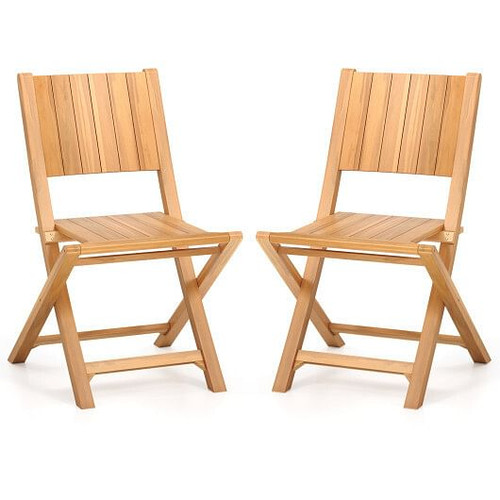 2 Pieces Teak Wood Outdoor Dining Chairs with Slatted Seat
