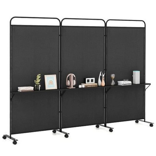 3-Panel Folding Room Divider with 3 Metal Shelves and Lockable Wheels-Brown