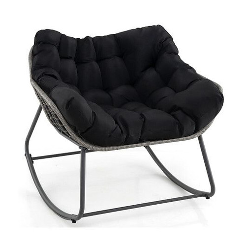 Outdoor Rocking Chair Oversized Patio PE Wicker Egg Chair with Cushion-Black