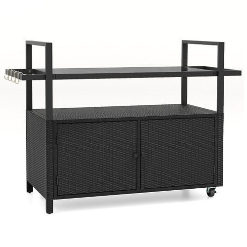Outdoor Bar Cart Wicker Buffet Serving Cart with Cabinet and 8 Hooks-Black