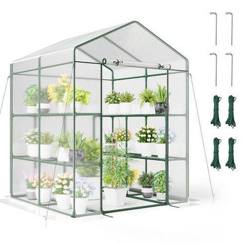 Walk-in Greenhouse with 3 Tiers 8 Shelves PVC Cover Roll-up Zippered Door