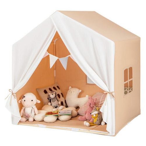 Kid's Play Tent with Washable Cotton Mat and Flag Banner-Pink